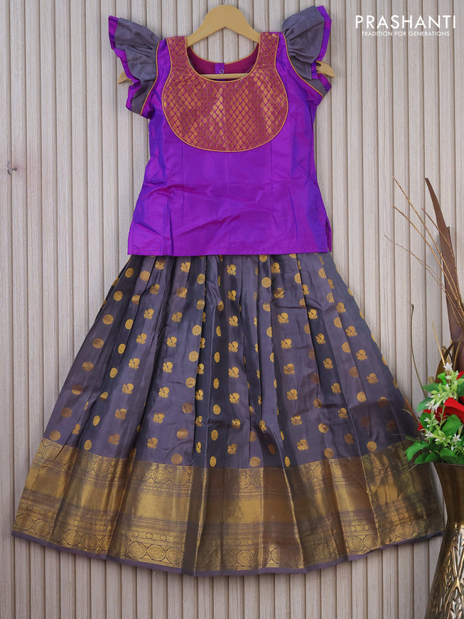 Silk kids lehenga purple and grey with patch work neck pattern and zari buttas & long zari woven border for 8 years