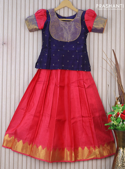 Silk kids lehenga navy blue and pink with patch work neck pattern & zari buttas and self emboss & zari woven border for 8 years