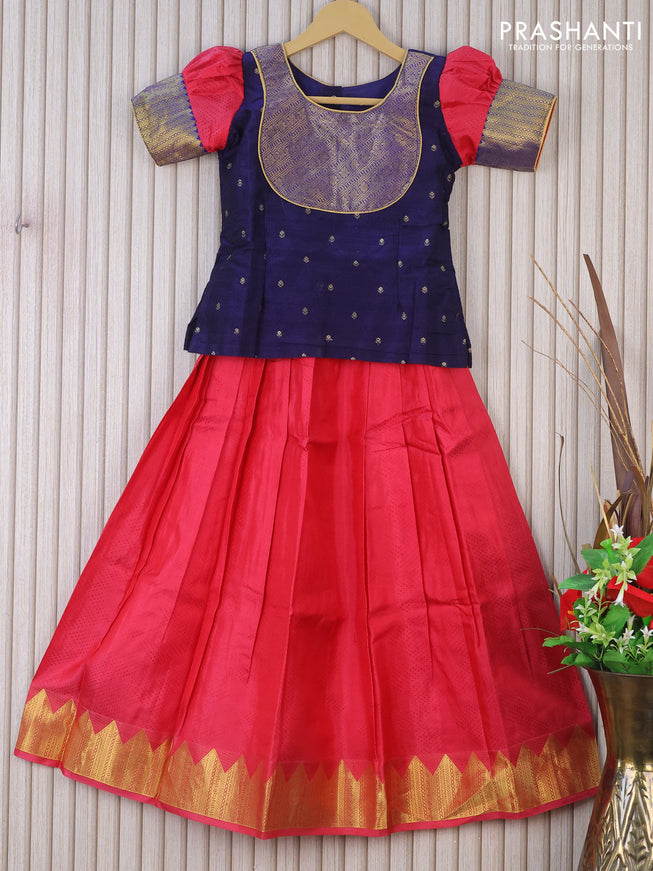 Silk kids lehenga navy blue and pink with patch work neck pattern & zari buttas and self emboss & zari woven border for 8 years