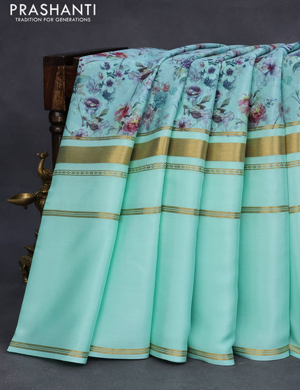 Pure mysore crepe silk saree teal blue with floral prints and long zari woven border