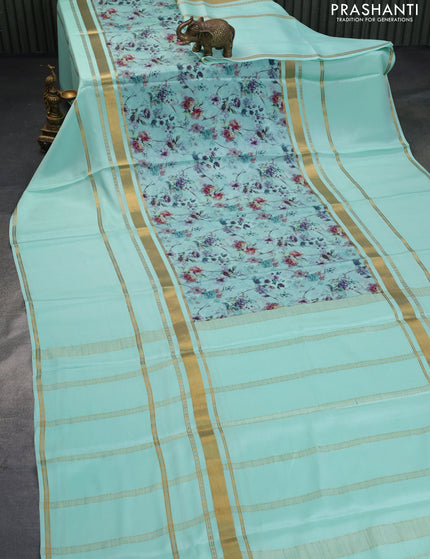 Pure mysore crepe silk saree teal blue with floral prints and long zari woven border