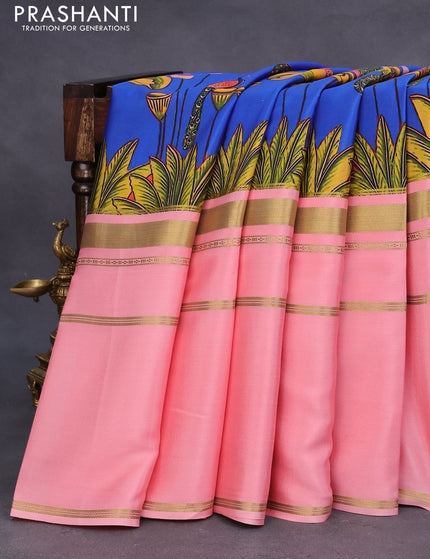 Pure mysore crepe silk saree peach pink with pichwai prints and long zari woven border