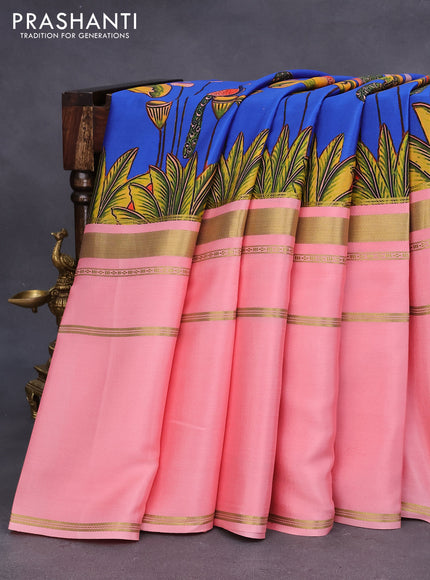 Pure mysore crepe silk saree peach pink with pichwai prints and long zari woven border