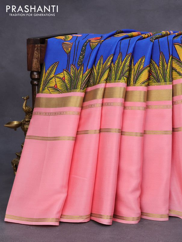 Pure mysore crepe silk saree peach pink with pichwai prints and long zari woven border