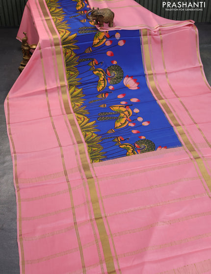 Pure mysore crepe silk saree peach pink with pichwai prints and long zari woven border