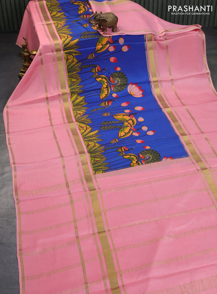 Pure mysore crepe silk saree peach pink with pichwai prints and long zari woven border