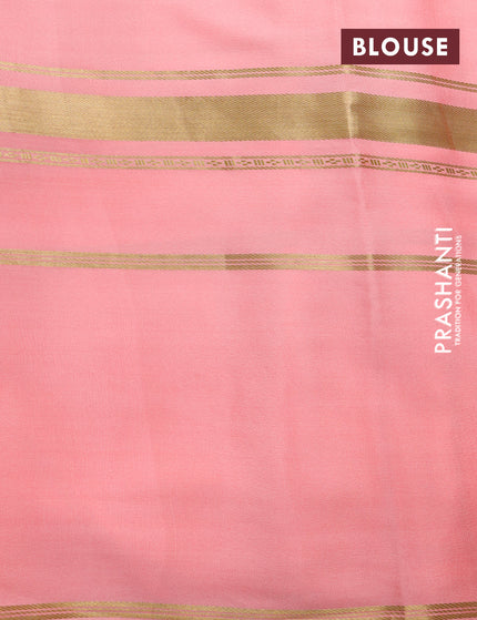 Pure mysore crepe silk saree peach pink with pichwai prints and long zari woven border