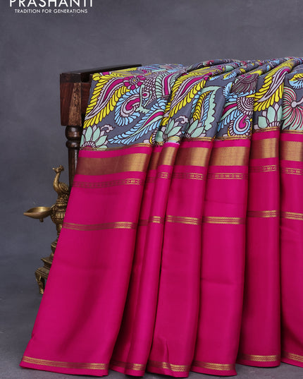 Pure mysore crepe silk saree grey and magenta pink with kalamkari prints and long zari woven border