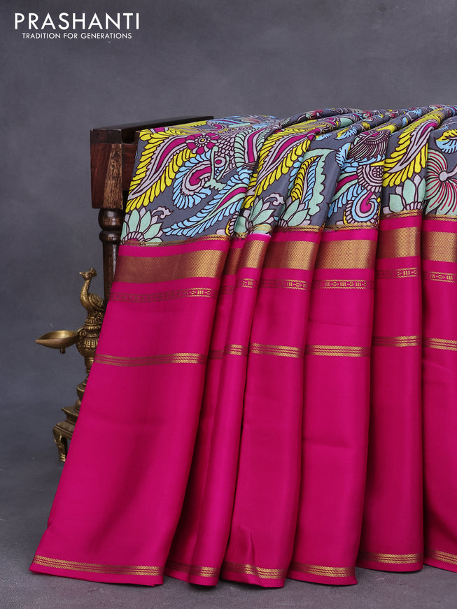 Pure mysore crepe silk saree grey and magenta pink with kalamkari prints and long zari woven border