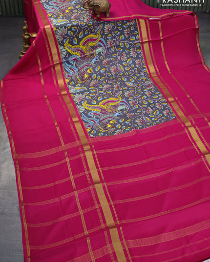 Pure mysore crepe silk saree grey and magenta pink with kalamkari prints and long zari woven border