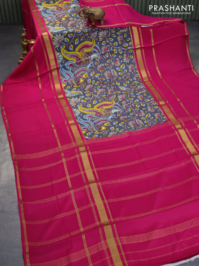 Pure mysore crepe silk saree grey and magenta pink with kalamkari prints and long zari woven border