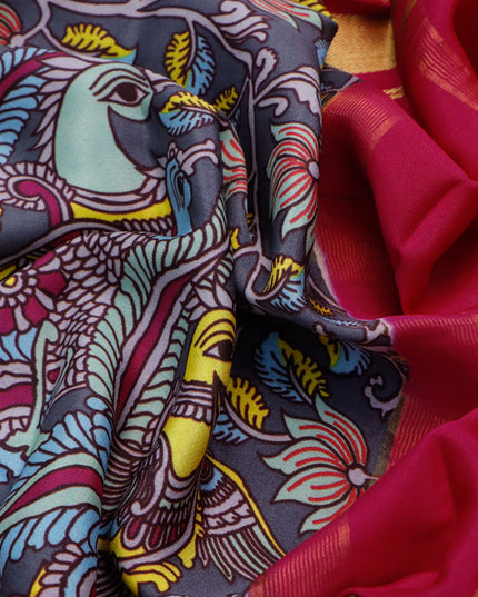 Pure mysore crepe silk saree grey and magenta pink with kalamkari prints and long zari woven border