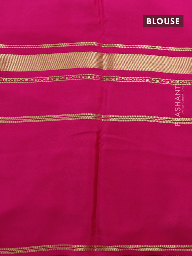 Pure mysore crepe silk saree grey and magenta pink with kalamkari prints and long zari woven border