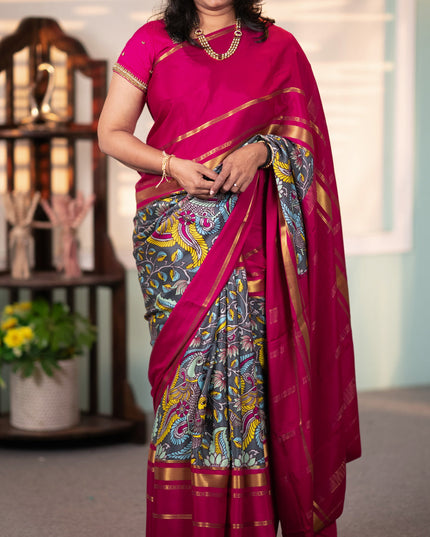 Pure mysore crepe silk saree grey and magenta pink with kalamkari prints and long zari woven border