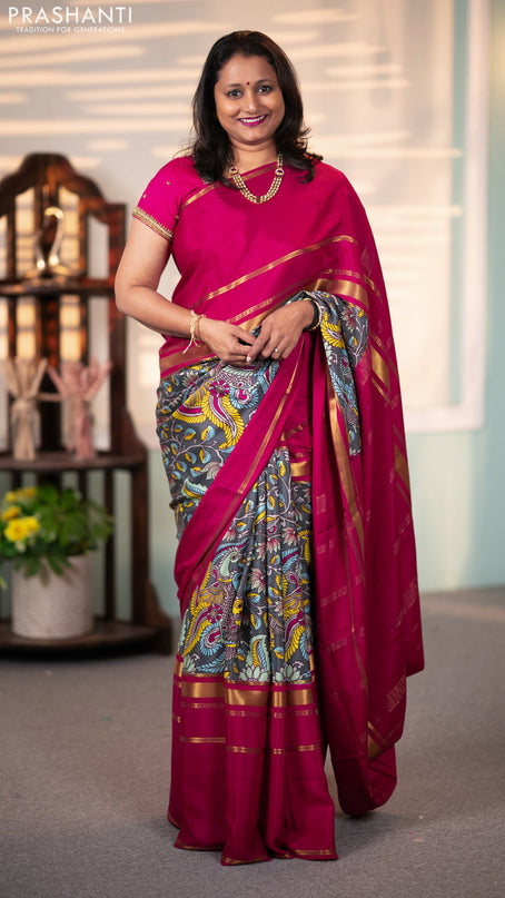 Pure mysore crepe silk saree grey and magenta pink with kalamkari prints and long zari woven border