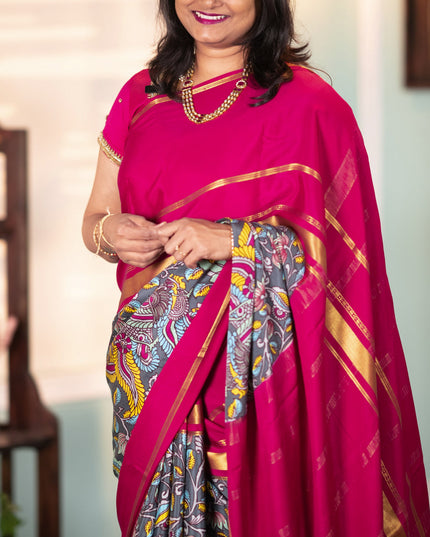 Pure mysore crepe silk saree grey and magenta pink with kalamkari prints and long zari woven border