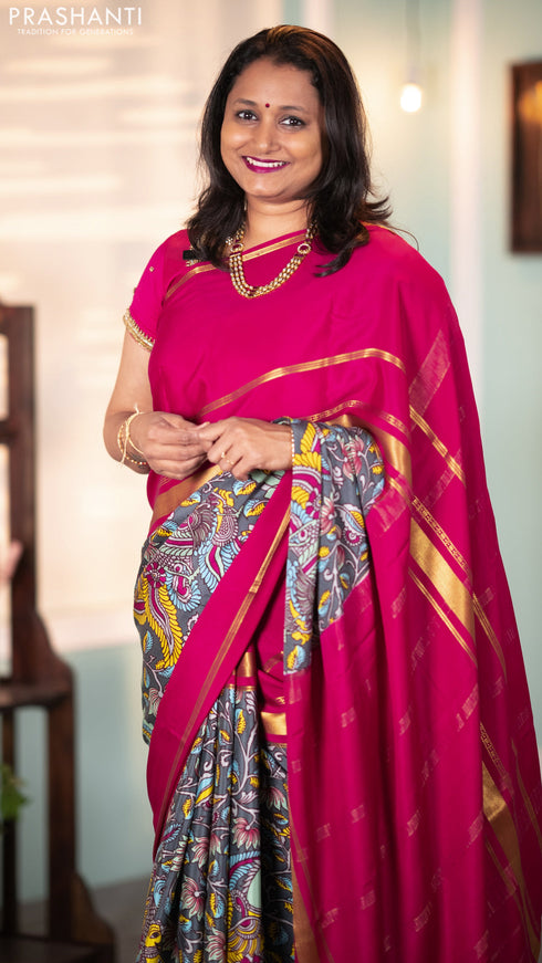 Pure mysore crepe silk saree grey and magenta pink with kalamkari prints and long zari woven border