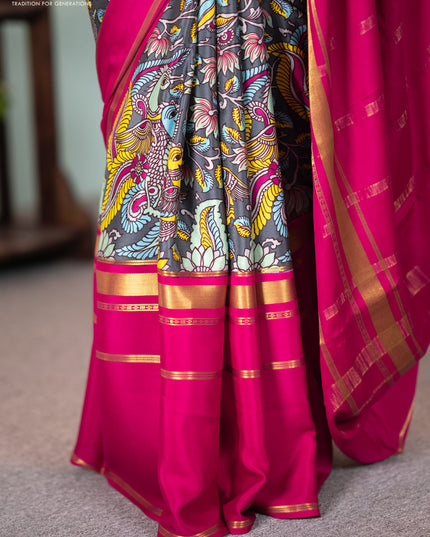 Pure mysore crepe silk saree grey and magenta pink with kalamkari prints and long zari woven border