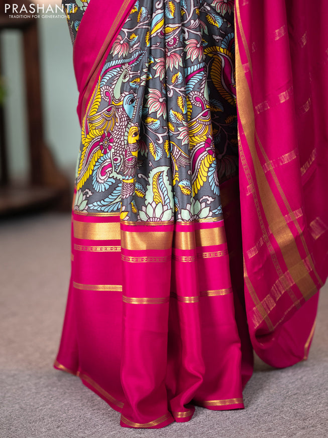 Pure mysore crepe silk saree grey and magenta pink with kalamkari prints and long zari woven border