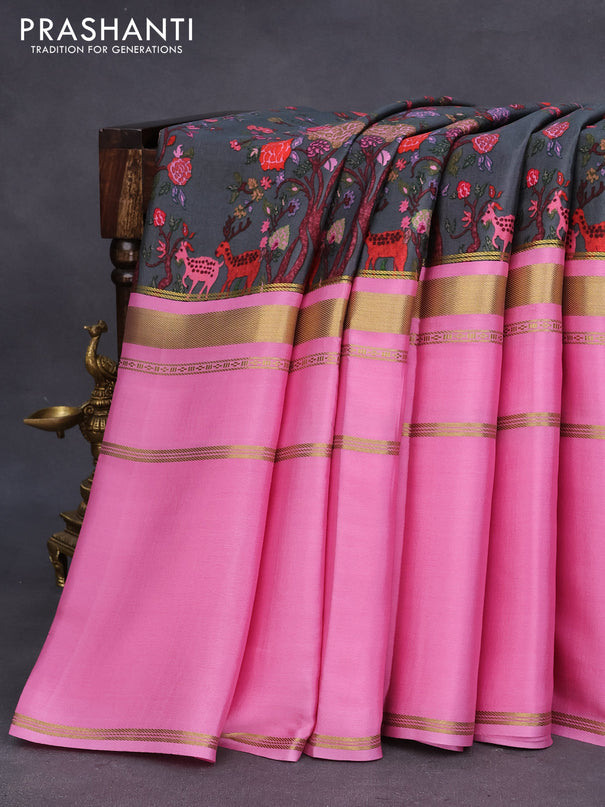 Pure mysore crepe silk saree grey and light pink with prints and long zari woven border