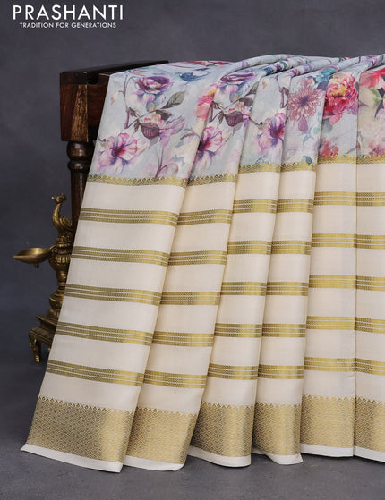 Pure mysore crepe silk saree cream with floral prints and long zari woven border