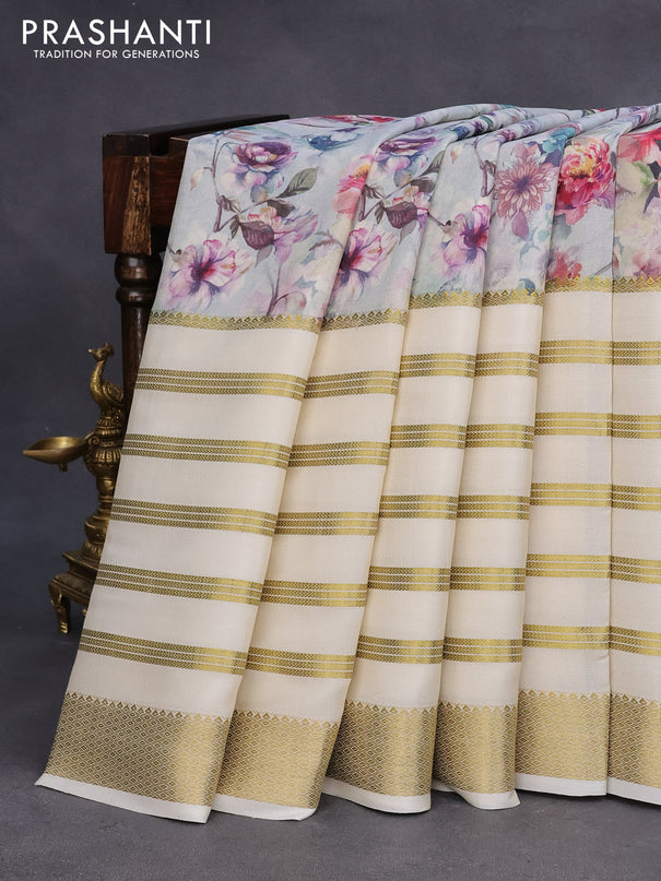 Pure mysore crepe silk saree cream with floral prints and long zari woven border