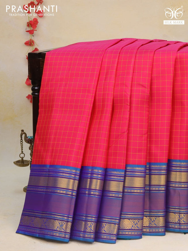 Pure kanchipuram silk saree pink and dual shade of blue with allover checked pattern and rettapet zari woven korvai border