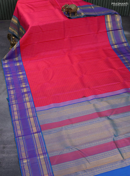 Pure kanchipuram silk saree pink and dual shade of blue with allover checked pattern and rettapet zari woven korvai border