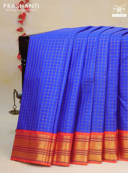 Pure kanchipuram silk saree blue and orange with allover zari checked pattern and rich zari woven korvai border