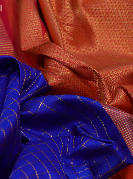 Pure kanchipuram silk saree blue and orange with allover zari checked pattern and rich zari woven korvai border