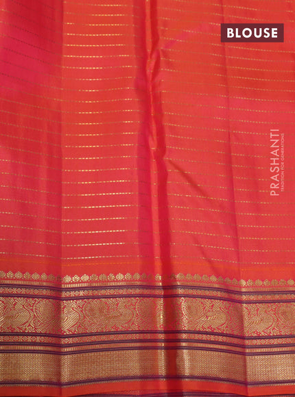 Pure kanchipuram silk saree blue and orange with allover zari checked pattern and rich zari woven korvai border