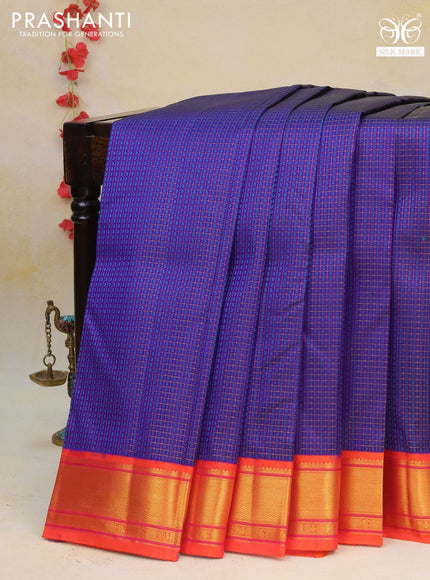 Pure kanchipuram silk saree blue and dual shade of orange with allover zari checks & self emboss buttas and rich zari woven korvai border