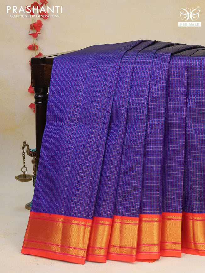 Pure kanchipuram silk saree blue and dual shade of orange with allover zari checks & self emboss buttas and rich zari woven korvai border