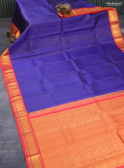 Pure kanchipuram silk saree blue and dual shade of orange with allover zari checks & self emboss buttas and rich zari woven korvai border