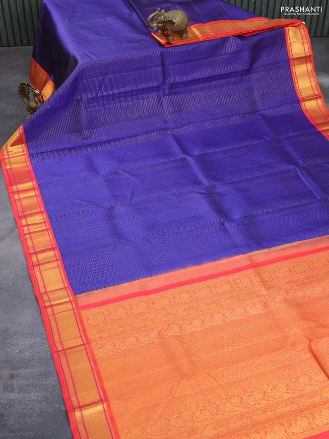 Pure kanchipuram silk saree blue and dual shade of orange with allover zari checks & self emboss buttas and rich zari woven korvai border