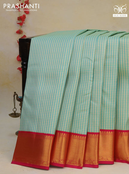 Pure kanchipuram silk saree cream teal blue and pink with allover zari stripe weaves and rich zari woven korvai border