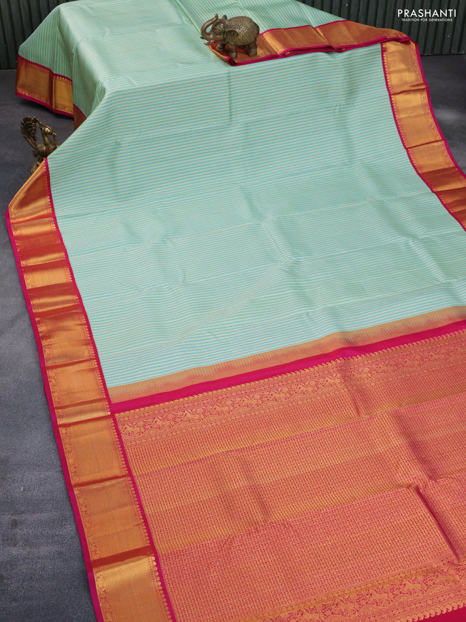 Pure kanchipuram silk saree cream teal blue and pink with allover zari stripe weaves and rich zari woven korvai border