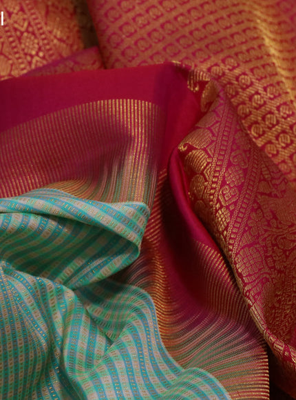 Pure kanchipuram silk saree cream teal blue and pink with allover zari stripe weaves and rich zari woven korvai border