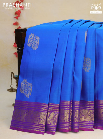 Pure kanchipuram silk saree cs blue and purple with zari woven buttas and zari woven border