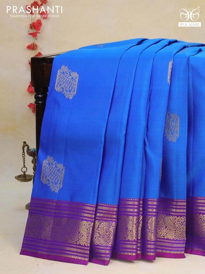 Pure kanchipuram silk saree cs blue and purple with zari woven buttas and zari woven border