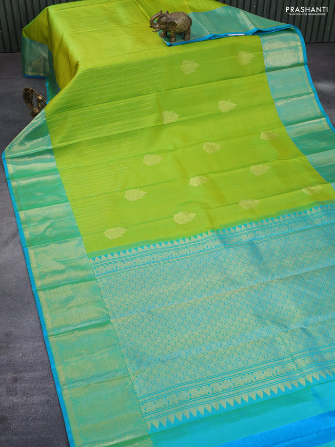 Pure kanchipuram silk saree lime green and light blue with allover zari weaves and zari woven border