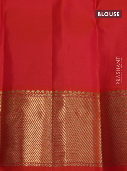 Pure kanchipuram silk saree mango yellow and dual shade of pinkish orange with plain body and long rich zari woven korvai border