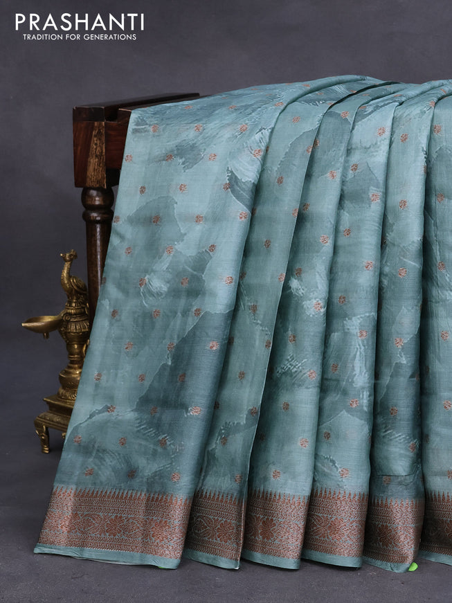 Banarasi tussar silk saree pastel blue with allover prints & thread zari buttas and woven border