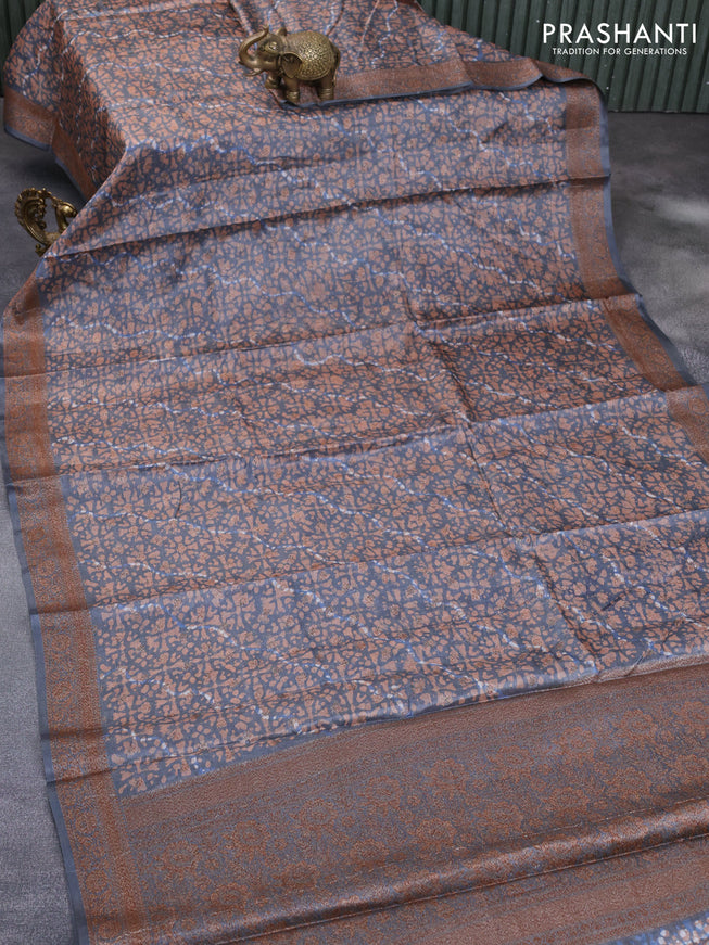 Banarasi tussar silk saree grey with allover batik prints & thread zari buttas and woven border