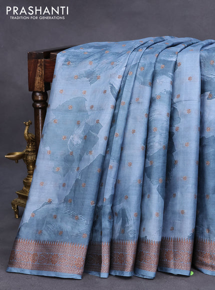 Banarasi tussar silk saree greyish blue with allover prints & thread zari buttas and woven border