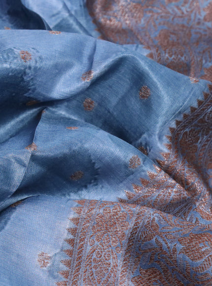 Banarasi tussar silk saree greyish blue with allover prints & thread zari buttas and woven border