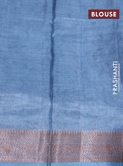 Banarasi tussar silk saree greyish blue with allover prints & thread zari buttas and woven border