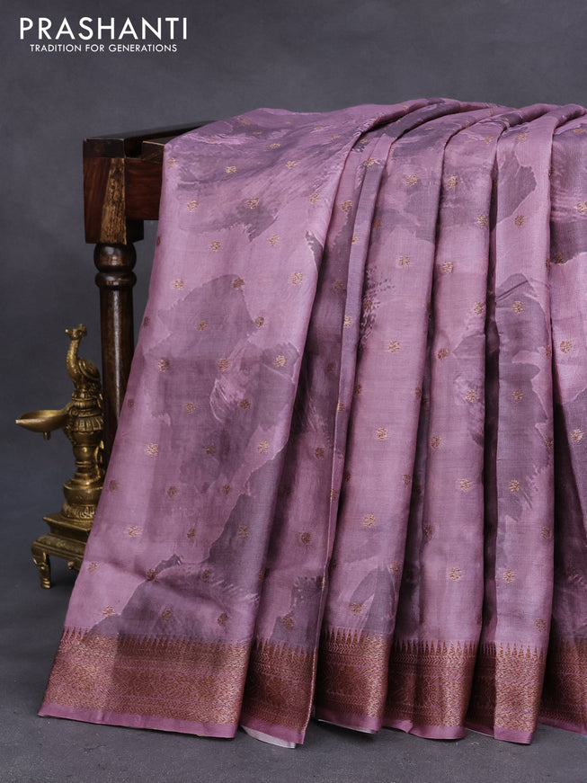 Banarasi tussar silk saree mauve pink with allover prints & thread zari buttas and woven border