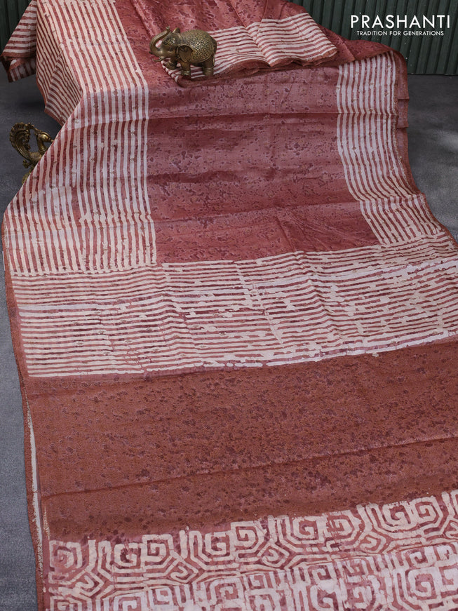 Banarasi tussar silk saree rust shade with dabu prints & woven buttas and woven border