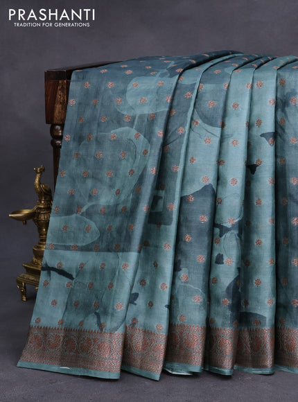 Banarasi tussar silk saree green shade with floral prints & woven buttas and woven border